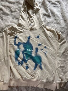 Cream Hoodie with Blue-Green Graphic Print - aelfriceden